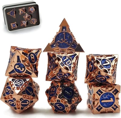 Thijox - 7-delige Metalen D&D Dobbelstenen Set, Brons, Kerker en Draak, Perfect voor RPG Spellen, Pathfinder en Bordspellen, Hoogwaardige Speldobbelst