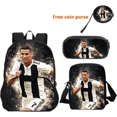 Ronaldo 3-delige set Rugzak Sport Schoudertas Etui CR Rugzak Voetbalster Boekentassen voor Jongens Meisjes Beste Cadeau black