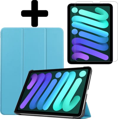 Hoes - Geschikt voor Apple iPad Mini 6 (2021) - 8.3 inch - 6e Generatie - Met Screenprotector - Trifold Bookcase - Hard Cover - Hardcover Book Case - Tablet Hoesje - Lichtblauw