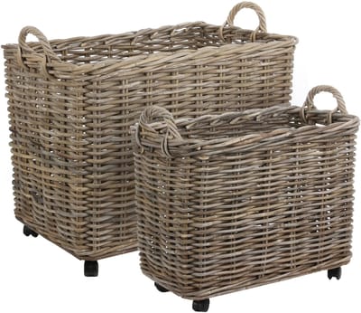 Mica Decorations Grote opbergmand - op wieltjes - bruin - 75 x 50 x 58 cm - rotan - gevlochten riet - grote mand - opbergen