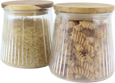 OTIX Voorraadpotten - Glas - met Deksel - Snoeppotten - Set van 2 - Voedselopbergers - Koffiepads Bewaarbus - Acacia Wood - 650ml - SIRIUS