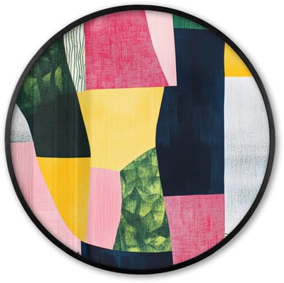 Poster in lijst Rond - Fotolijst 60x60 cm - Posters - Abstract - Roze - Lappen - Vormen - Geel - Ronde posterlijst zwart - Decoratie - Wanddecoratie woonkamer - Muurdecoratie slaapkamer