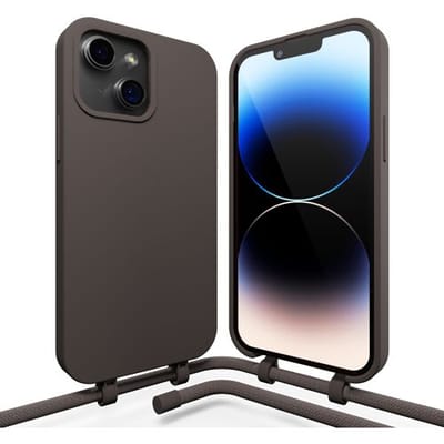 Coverzs Silicone case met koord - Telefoonhoesje met koord - Backcover hoesje met koord - touwtje - geschikt voor Apple iPhone 14 - koffiezwart