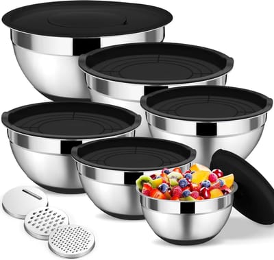Set van 6 RVS Mengkommen met Luchtdichte Deksel en 3 Raspaccessoires voor de Keuken, Stapelbaar en Vaatwasserbestendig, Ideaal voor Salades en Bereidingen