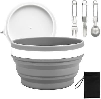 Dailygoods - Campingservies, opvouwbaar met roestvrijstalen bestek (mes, lepel, vork), bekers, kom, borden en nettas, perfect voor reizen, kamperen, picknick en outdoor-activiteiten