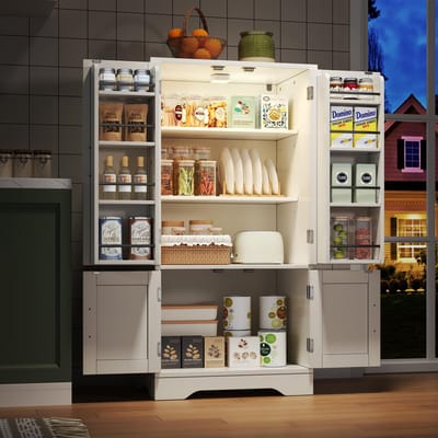 Keukenkast - 120x60x40 cm met LED-sensorverlichting, grote opbergkast met 4 deuren, verstelbare planken en deurvakken – geschikt voor keuken, eetkamer of woonkamer, wit
