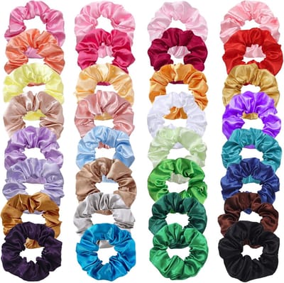 Famanu – Satijnen scrunchies 32 stuks, grote voordeelset zachte haarelastiekjes voor dagelijks gebruik