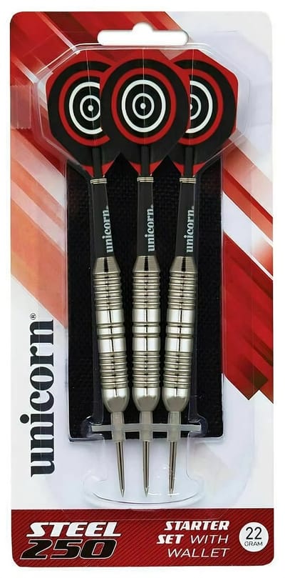 Unicorn Dartpijlen Starter Set |Premium Brass Pijlen - Steeltip - Inclusief Dart Flights |Coated Messing Darts |Geavanceerde dart-technologie |Perfect platform |Gecoate dartpunt voor maximale grip| SILVER |STEEL 250| 22g| 16CM |3X Pijlen