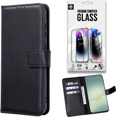 Casemania Hoesje + Glas Geschikt voor Xiaomi 17T - Zwart - Portemonnee Book Case met Pasjeshouder / Standaardfunctie + 1x Tempered Glazen Screenprotector