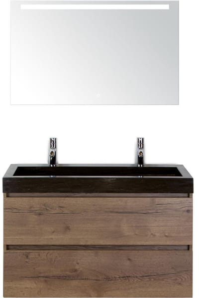 Maxx XL Badmeubelset 100 cm - Tabacco - Wastafel Lucca 2 Kraangaten met LED Spiegel