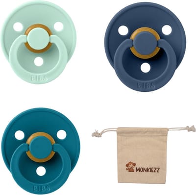 Bibs fopspeen - maat 1 0-6 maanden - set 3 stuks – Nordic Mint - Steel Blue - Island Sea + Monkiezz speenzakje