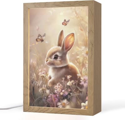 Nachtlampje 20x30 cm - Kinder lampje - Konijntje - Bruin - Bloemen - Vlinders - Tafellamp kinderkamer - Slaapkamer lamp - Bedlamp kinderen - Kinderlampje stopcontact - Wandlamp babykamer - Nachtlampjes