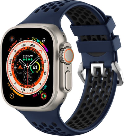 Strap-it Sportbandje met gesp - Geschikt voor Apple Watch bandje - Series 1/2/3/4/5/6/7/8/9/10/11/SE/SE2/SE3 - Donkerblauw/Zwart - Siliconen bandje voor sport - Loop iWatch bandje maat: 38 / 40 / 41 / 42mm
