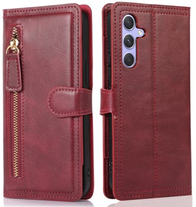 Bookcase Geschikt voor: Samsung Galaxy S25 FE / S25FE met ritssluiting - Hoesje Flipcover - Magnetisch - 5 kaarten houder - Rood