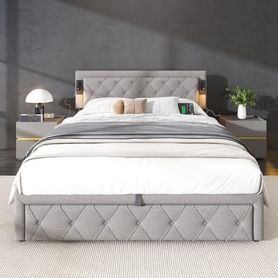 KOMHTOM Tweepersoonsbed Gestoffeerd bed 160x200 met downlight USB-aansluiting opbergbed houten latten linnen grijs