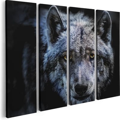 Artaza Canvas Schilderij Vierluik Grijze Wolvenkop - Wolf - 80x60 - Foto Op Canvas - Canvas Print