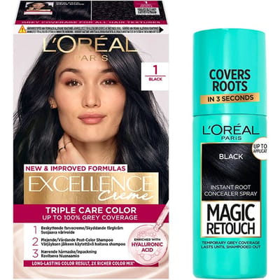 L'Or&eacute;al Paris Excellence Creme Hair Color 1 Black &amp; Magic Retouch Spray 1 Black 1 pcs + 75 ml