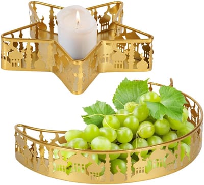 VHV - Ramadan decoratie - Dienblad - Suikerfeest decoratie - Maan en ster - Set van 2 - Serveerdienblad - Tafeldecoratie - Voor hapjes en dadels - Goud