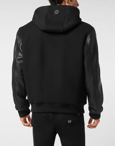 Hooded Varsity Bomber With Leather Sleeves Greatness