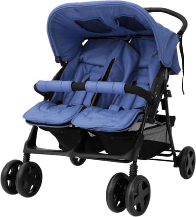 Dubbele Kinderwagen - Duowagen Baby - Kinderen Vervoeren - Stalen Constructie - Opvouwbaar - Marineblauw