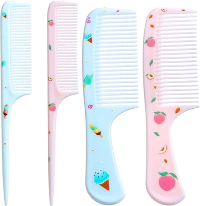 Set van 4 Baby Kammetjes met Schattige Patronen, Fijne Tanden en Ratstaart Kam voor Baby's en Peuters in Roze en Blauw, Ideaal voor Hoofdhuidverzorging en Haarstyling