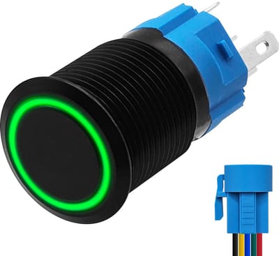 ProRide Metalen Pulsschakelaar 12V OFF-(ON) - 16mm - Momentschakelaar met Aansluitkabel - Spatwaterdicht - 12V/24V - LED Indicatie Groen