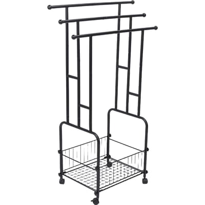 Porte-serviettes sur pied Fer 42,5 pouces 3 niveaux Porte-couverture Séchoir Présentoir avec panier de rangement 4 roues pour salle de bain black