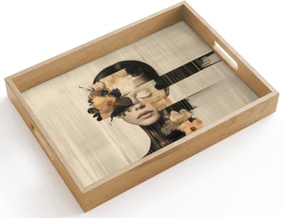 Dienblad hout 40x30 cm - Schootdienblad - Gezicht - Bloemen - Zwart - Vrouw - Borrelplank rechthoek - Plateau dienbladen