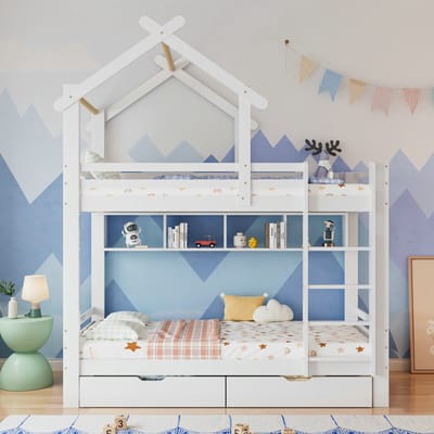 VVBV Stapelbed met Lades en Planken, Huisbed met Trap, Kinderbed met Uitvalbeveiliging, Grenenhout, Wit (90x200 cm)