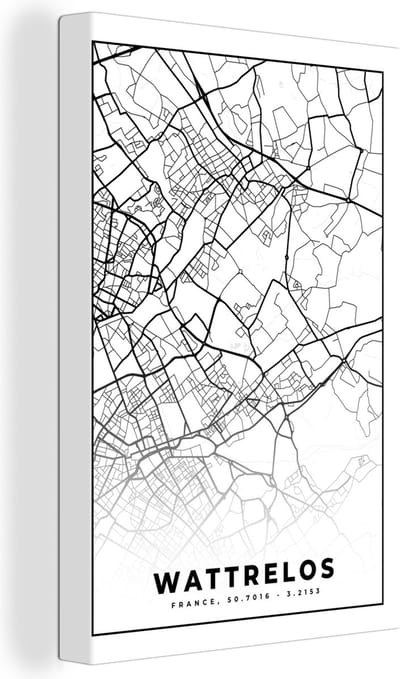 Canvas Schilderij Frankrijk – Kaart – Plattegrond – Stadskaart - Wattrelos - Zwart wit - 20x30 cm - Wanddecoratie