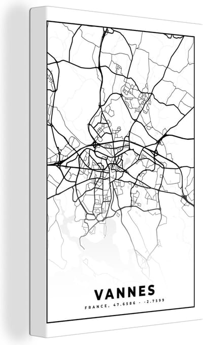 Canvas Schilderij Kaart - Plattegrond - Vannes - Frankrijk - Stadskaart - Zwart wit - 20x30 cm - Wanddecoratie
