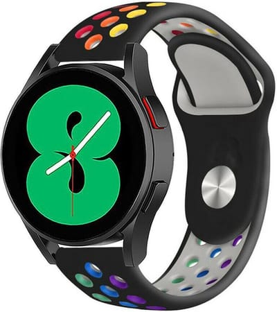 Strap-it Sport bandje - geschikt voor Samsung Galaxy Watch 7 (40 & 44mm) / Galaxy Watch 6 (Classic) / Galaxy Watch 5 / Watch 5 Pro / Watch 4 (Classic) / Watch FE - sport siliconen bandje voor Galaxy Watch 4-5-6 alle varianten - zwart/kleurrijk