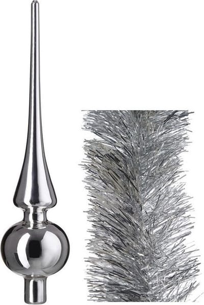 Kerstversiering glazen piek glans 26 cm en folieslingers pakket zilver van 3x stuks - Kerstboomversiering