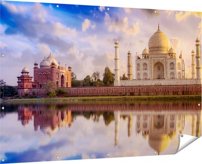 Gards Tuinposter Taj Mahal bij het Water in India - 180x120 cm - Tuindoek - Tuindecoratie - Wanddecoratie buiten - Tuinschilderij
