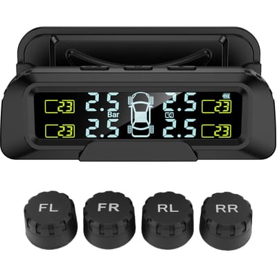 Bandenspanningsmeter met 4 externe sensoren, Opladen via zonne-energie en Type C, Automatisch aan/uit, Alarm bij lage batterijspanning voor auto SUV black