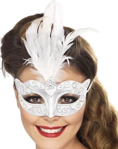 SMIFFY'S - Venetiaans zilverkleurig masker met witte veren voor volwassenen