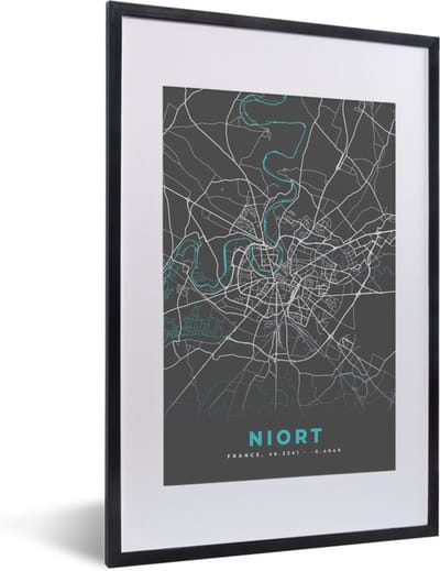 Fotolijst incl. Poster - Niort - Plattegrond - Kaart - Frankrijk - Stadskaart - 40x60 cm - Posterlijst