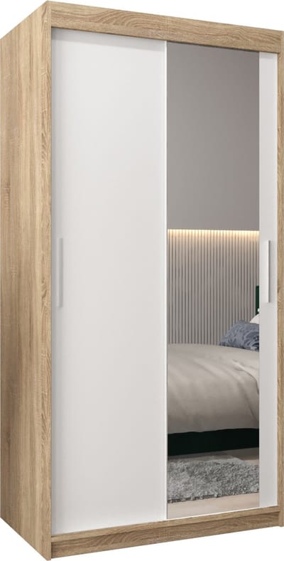 InspireMe - Kledingkast met 2 schuifdeuren, Modern-stijl, Kledingkast met planken (BxHxD): 100x200x62 - TORM II 100 Sonoma Eik + Wit Mat