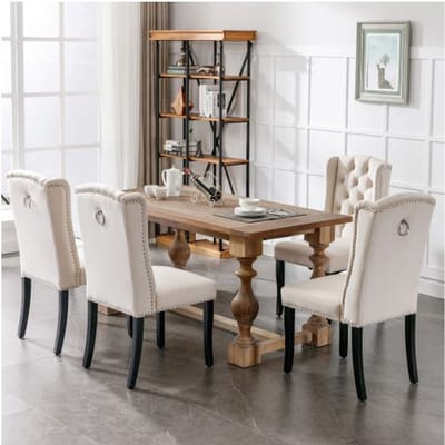 Set van 4 eetkamerstoelen - MUVOE - Modern design - Beige fluweel - Eikenhouten poten - Zilverkleurige klinknagels beige