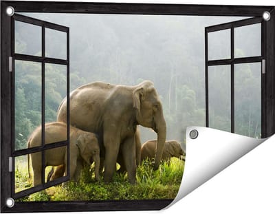 Gards Tuinposter Doorkijk Olifanten Familie in de Jungle - Olifant - 60x40 cm - Tuindoek - Tuindecoratie - Wanddecoratie buiten - Tuinschilderij