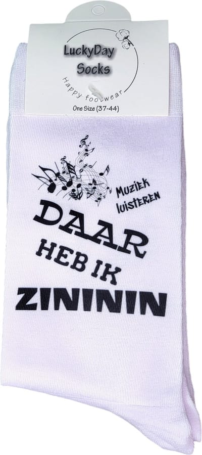 Zininin - Muziek luisteren - Hou van muziek - Verjaardags cadeau - Valentijns cadeau - Kado - Kerst cadeau - Witte sokken met tekst - Grappige sokken - leuke dames en heren sokken - moederdag - vaderdag - Sokken waar je vrolijk van wordt - Maat 37-44