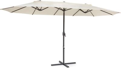 Blumfeldt Twin Peaks - Parasol zonwering, Afmetingen: 456 x 245 x 268 cm (BxHxD), Materiaal: polyester, waterafstotend, Aluminium standbeen, Roestbescherming, incl. standvoet, crème