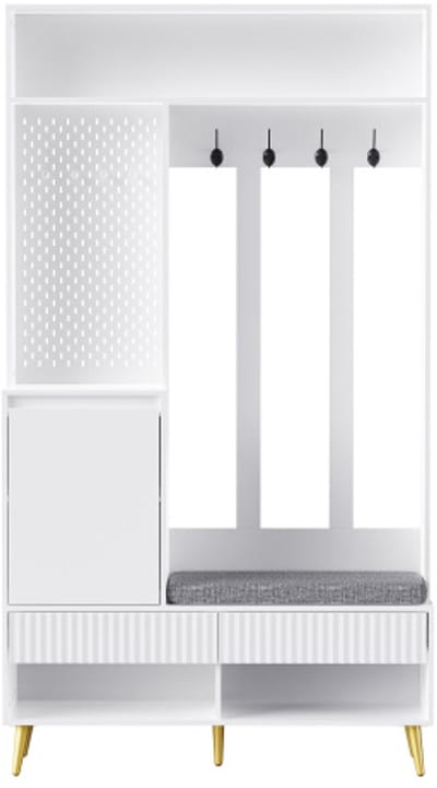 Garderobekastset, wandkast, halkastset met schoenenbank, garderobeset met 4 kledinghaken, twee lades en 1 deur, wit, 100 Lx35Bx180H cm