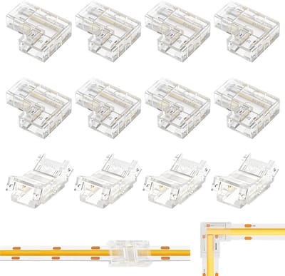 12 stuks 2-polige 8mm LED Strip Connectoren Soldeervrij voor Transparante L-vormige Hoek en Recht Verbindingsstukken voor COB Strips en Verlichting (0-36V/5A)