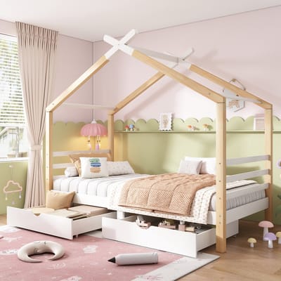 DESMIU Huisbed 90x200cm Zonder matras Kinderbed Met Lades Speels Huisontwerp Voor Kinder en Jeugdkamer Massief Hout Wit
