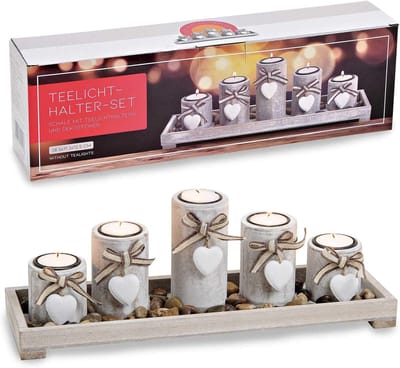 Theelichthouder set - Decoratie set - Sfeervol huis - Inclusief stenen - 38x11x14 cm - Grijs