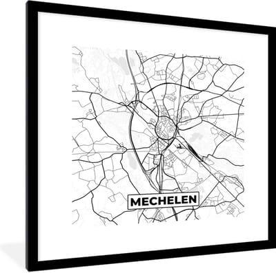 Fotolijst incl. Poster Zwart Wit- België – Mechelen – Stadskaart – Kaart – Zwart Wit – Plattegrond - 40x40 cm - Posterlijst