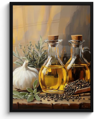 Poster in lijst - Fotolijst 50x70 cm - Posters - Stilleven - Olijfolie - Knoflook - Kruiden - Posterlijst zwart - Decoratie - Wanddecoratie woonkamer - Muurdecoratie slaapkamer