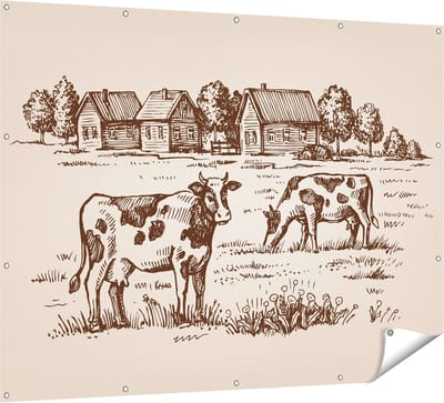 Gards Tuinposter Getekende Koeien op een Boerderij - Abstract - 160x120 cm - Tuindoek - Tuindecoratie - Wanddecoratie buiten - Tuinschilderij