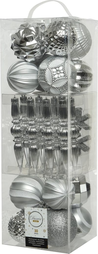 Decoris Kerstboomversiering set - kerstballen en kersthangers - 30x st - zilver - kunststof - kerstversiering